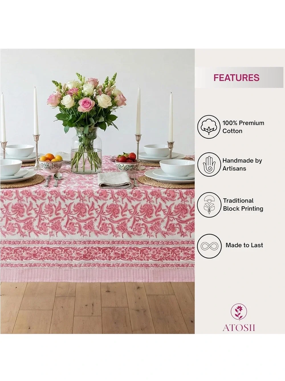 NEW Red Bloom 100% Cotton Tablecloth, Handblock Print Square. 36”x36”
